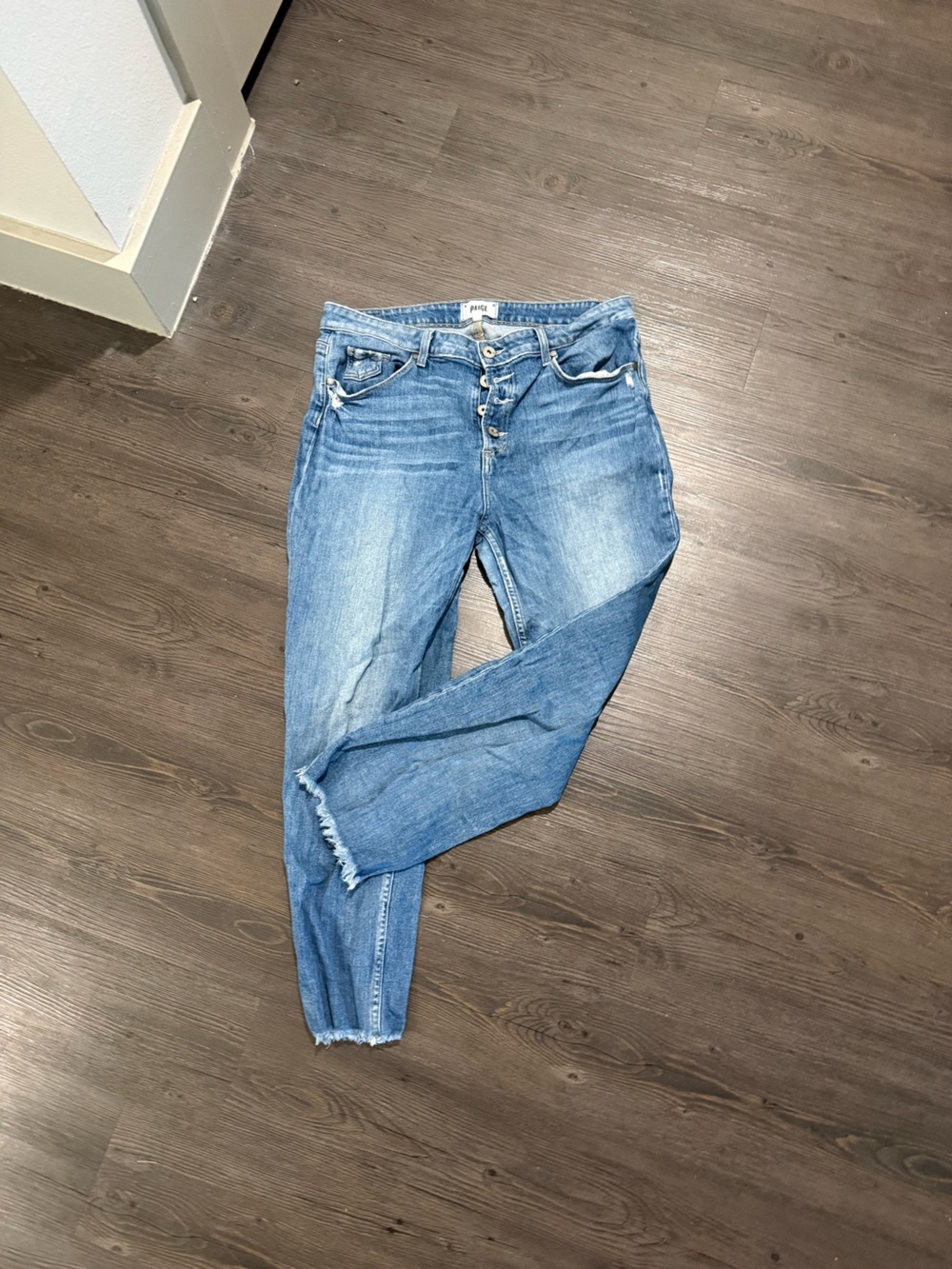 PAIGE Light Blue Cropped Button-Fly Jeans